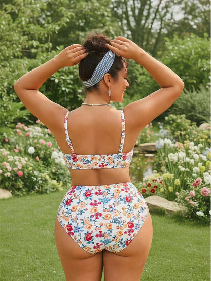 Swim Mod Floral Digital Print Bikini Set,White Summer Bachelorette Party Beach Holiday,Removable Padded Bra,Adjustable Strap,Ruffle High Waist Bottom