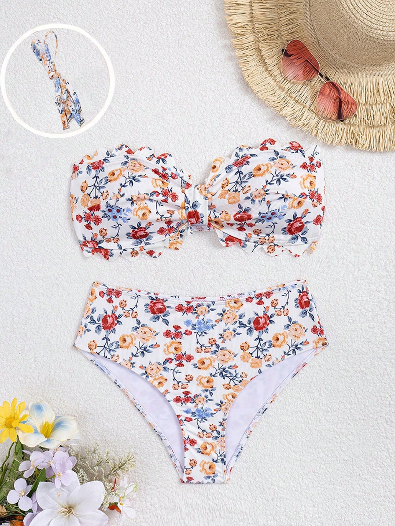 Swim Mod Floral Digital Print Bikini Set,White Summer Bachelorette Party Beach Holiday,Removable Padded Bra,Adjustable Strap,Ruffle High Waist Bottom