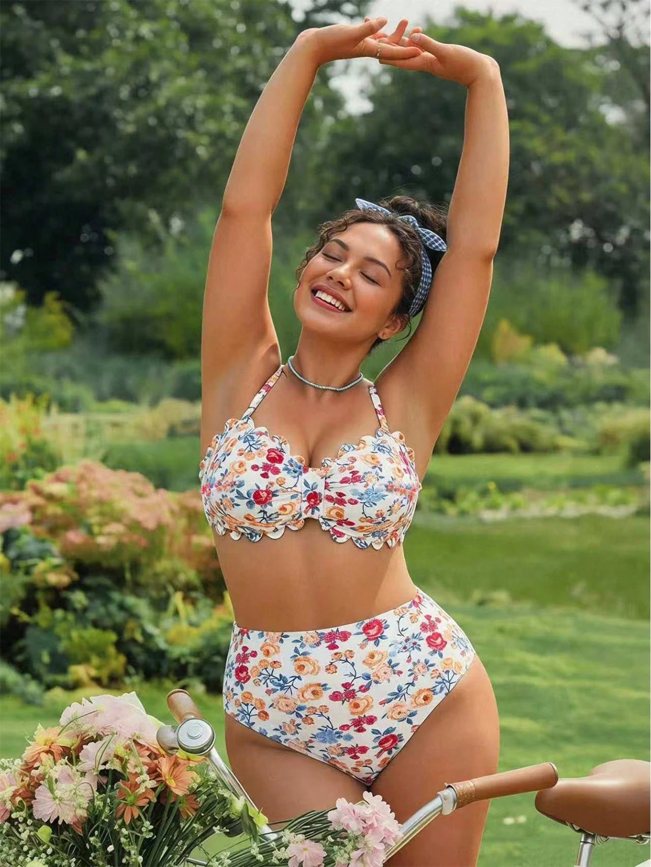 Swim Mod Floral Digital Print Bikini Set,White Summer Bachelorette Party Beach Holiday,Removable Padded Bra,Adjustable Strap,Ruffle High Waist Bottom