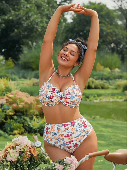 Swim Mod Floral Digital Print Bikini Set,White Summer Bachelorette Party Beach Holiday,Removable Padded Bra,Adjustable Strap,Ruffle High Waist Bottom