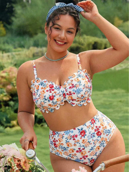 Swim Mod Floral Digital Print Bikini Set,White Summer Bachelorette Party Beach Holiday,Removable Padded Bra,Adjustable Strap,Ruffle High Waist Bottom