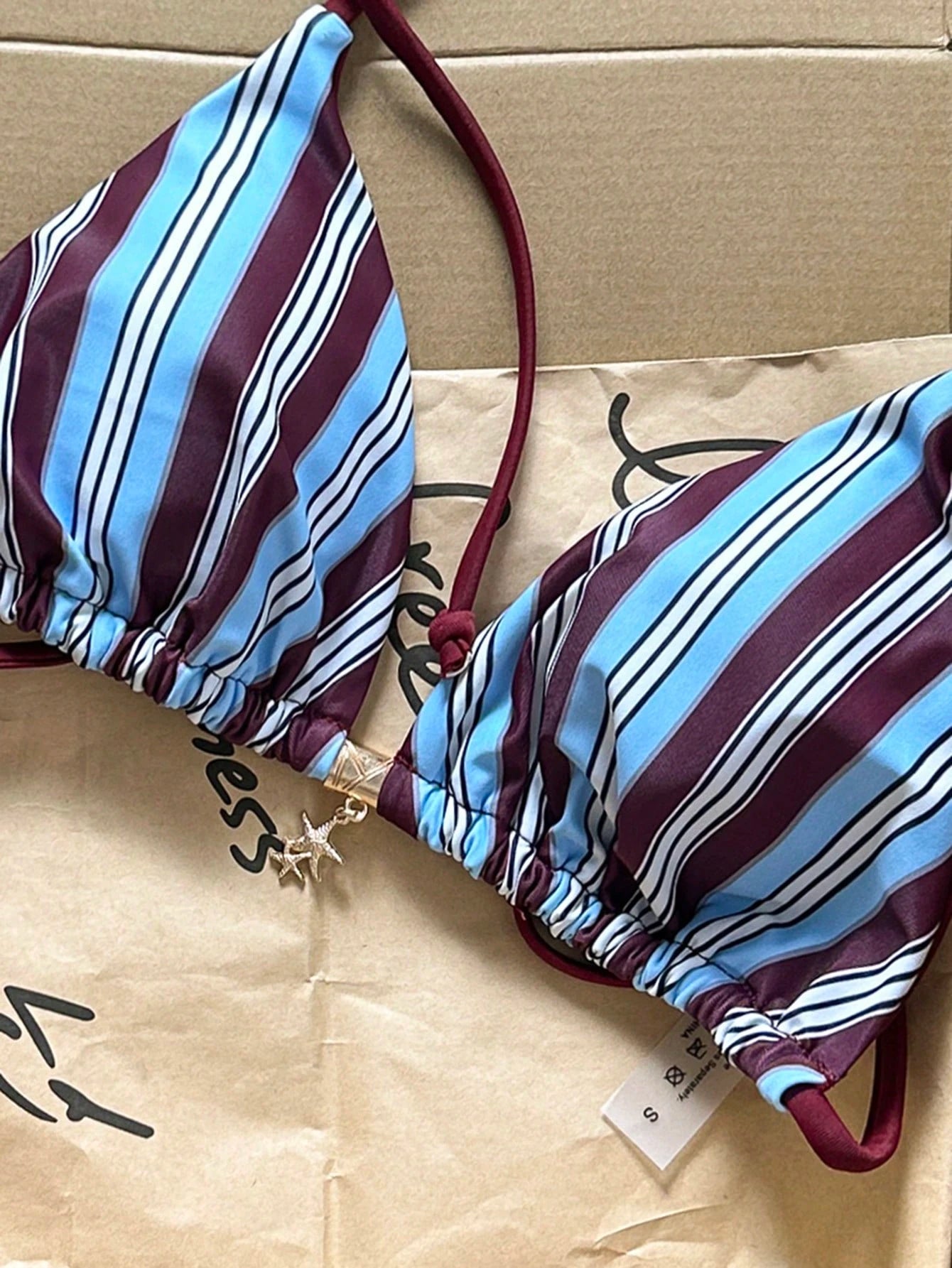 Swim Mod Multicolor Striped Halter Bikini Top For Women Sleeveless Textured Crop Swimwear With Cup Detail
