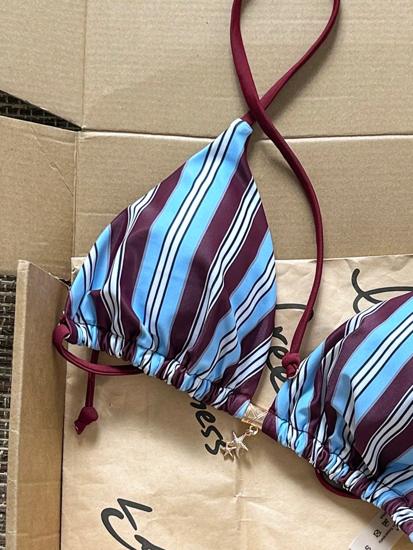 Swim Mod Multicolor Striped Halter Bikini Top For Women Sleeveless Textured Crop Swimwear With Cup Detail