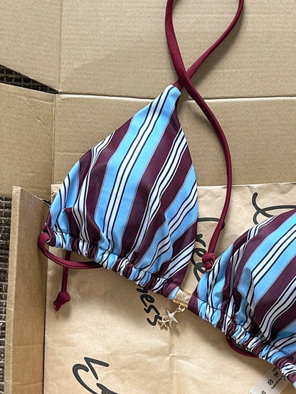 Swim Mod Multicolor Striped Halter Bikini Top For Women Sleeveless Textured Crop Swimwear With Cup Detail