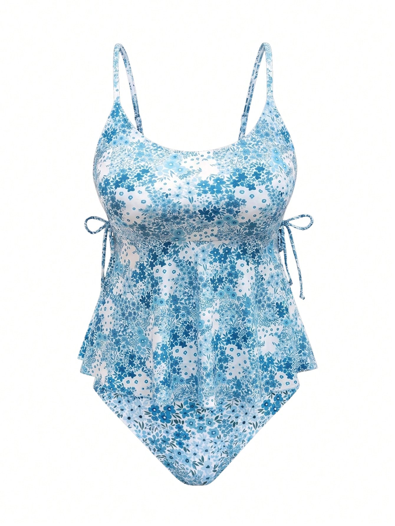 Swim Mod Plus Size Women 2pcs Ditsy Floral Spaghetti Strap Split Swimwear, Elegant Beach Holiday Tankini