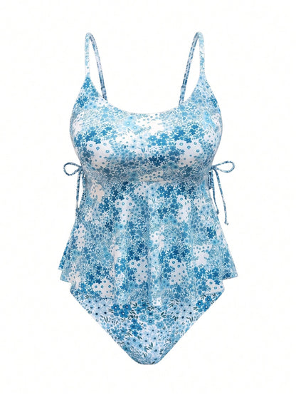 Swim Mod Plus Size Women 2pcs Ditsy Floral Spaghetti Strap Split Swimwear, Elegant Beach Holiday Tankini