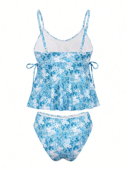 Swim Mod Plus Size Women 2pcs Ditsy Floral Spaghetti Strap Split Swimwear, Elegant Beach Holiday Tankini