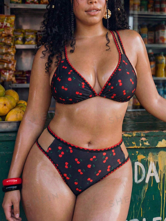 Swim Mod Plus Size Women 2pcs Printed Spaghetti Strap Shell Trim Triangle Bikini Set, Vacation Beach
