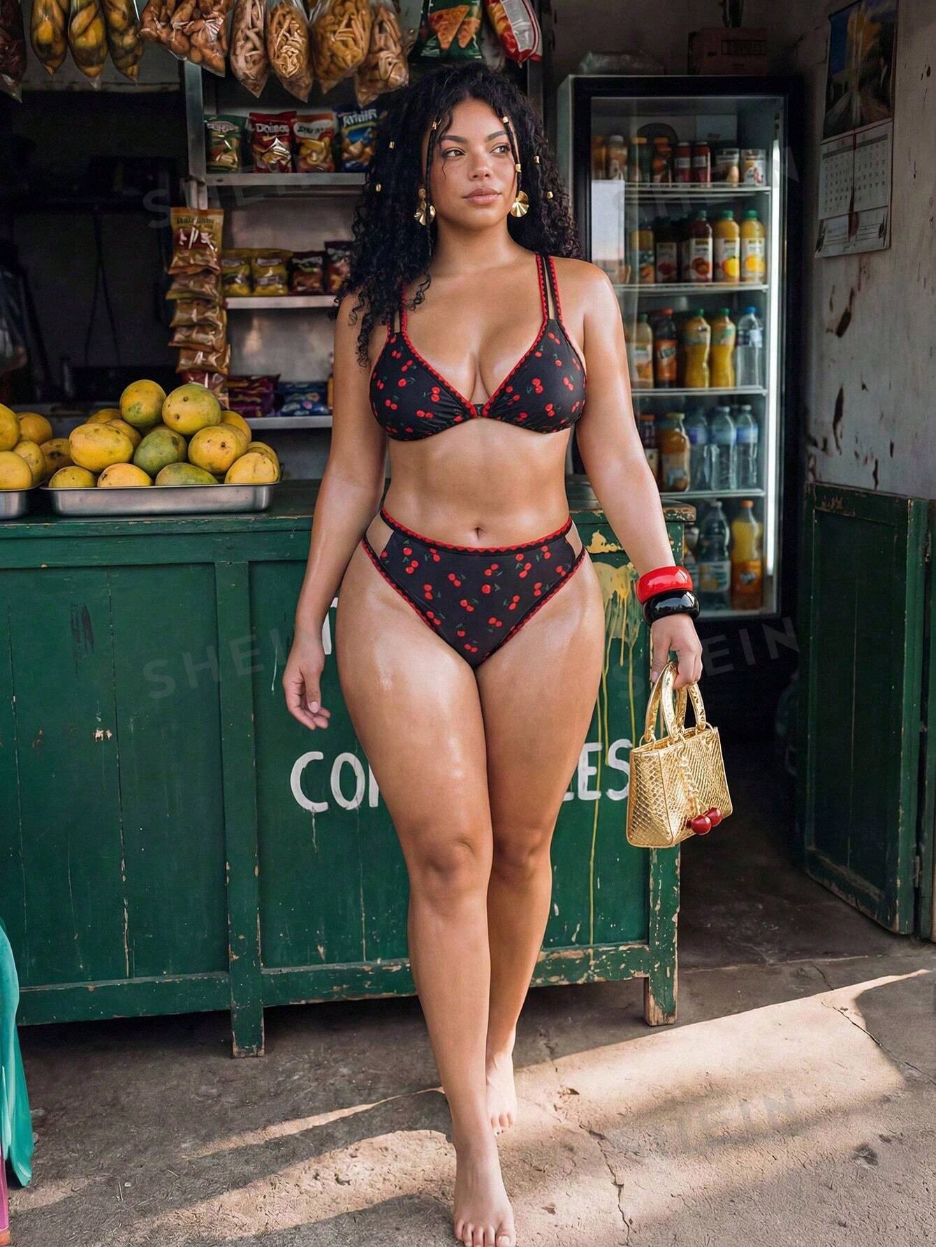 Swim Mod Plus Size Women 2pcs Printed Spaghetti Strap Shell Trim Triangle Bikini Set, Vacation Beach