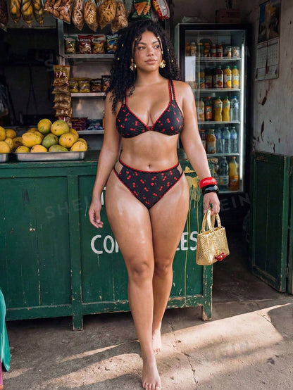 Swim Mod Plus Size Women 2pcs Printed Spaghetti Strap Shell Trim Triangle Bikini Set, Vacation Beach