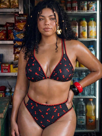 Swim Mod Plus Size Women 2pcs Printed Spaghetti Strap Shell Trim Triangle Bikini Set, Vacation Beach