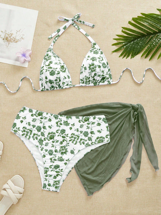 Swim Mod Plus Size Women 3pcs Set Random Print Spaghetti Strap Tankini Swimsuits,Beach Dresses For Women,Swimsuit Cover Up,Kawaii For Summer Beach Vacation