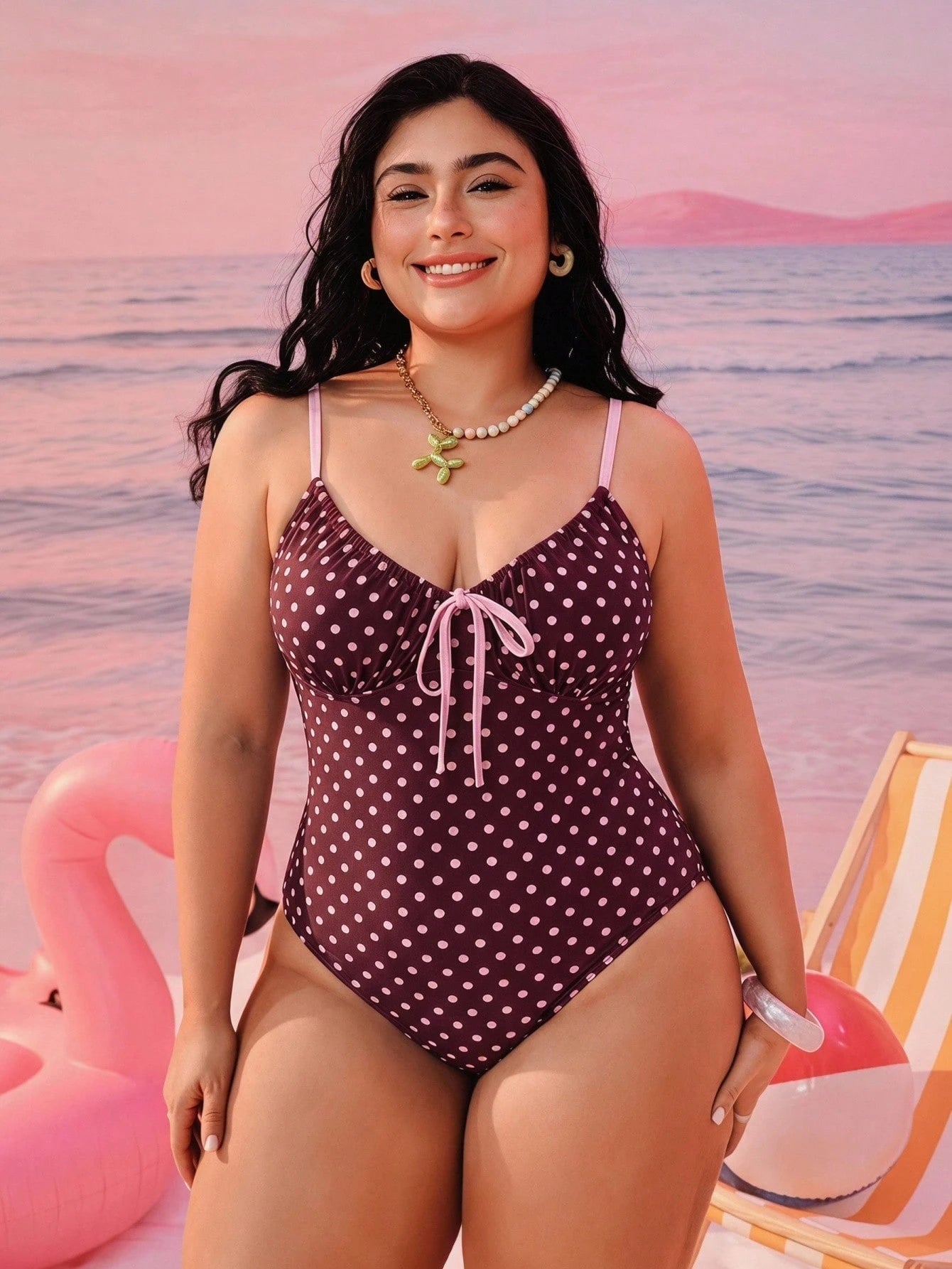 Swim Mod Plus Size Women's Polka Dot Print Tie Front One-Piece Swimsuit, Sweet Girl Style For Summer Beach Vacation Vacation