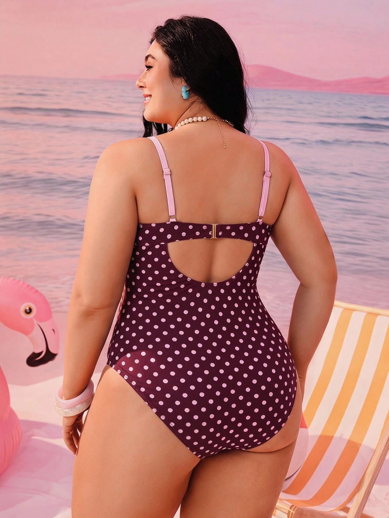 Swim Mod Plus Size Women's Polka Dot Print Tie Front One-Piece Swimsuit, Sweet Girl Style For Summer Beach Vacation Vacation