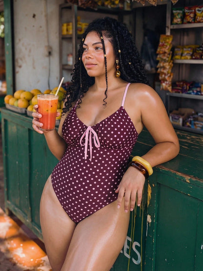 Swim Mod Plus Size Women's Polka Dot Print Tie Front One-Piece Swimsuit, Sweet Girl Style For Summer Beach Vacation Vacation