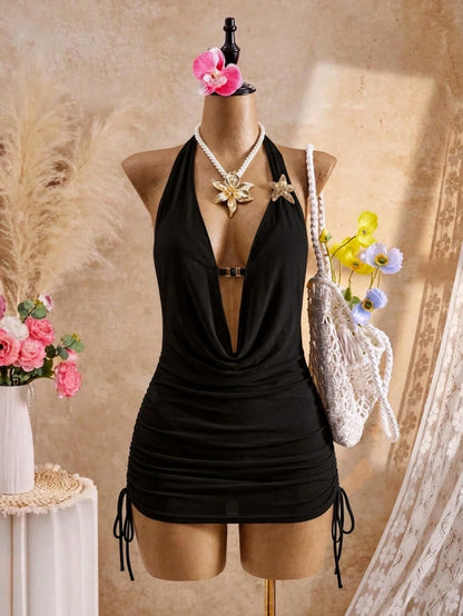 Swim Mod Plus Size Women's White Mesh Cover-Up Swimsuit, Halter Neck Deep V-Neck Ruffle, Gold Starfish Shoulder Straps, Beach Vacation Summer Sexy