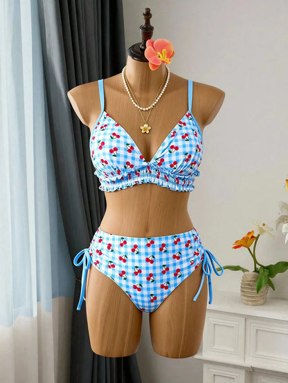 Swim Mod Plus Size Women Swimwear, Sweet & Cute Beach Holiday Random Cherry Print Tie-Front Ruffle 2 Pieces Set