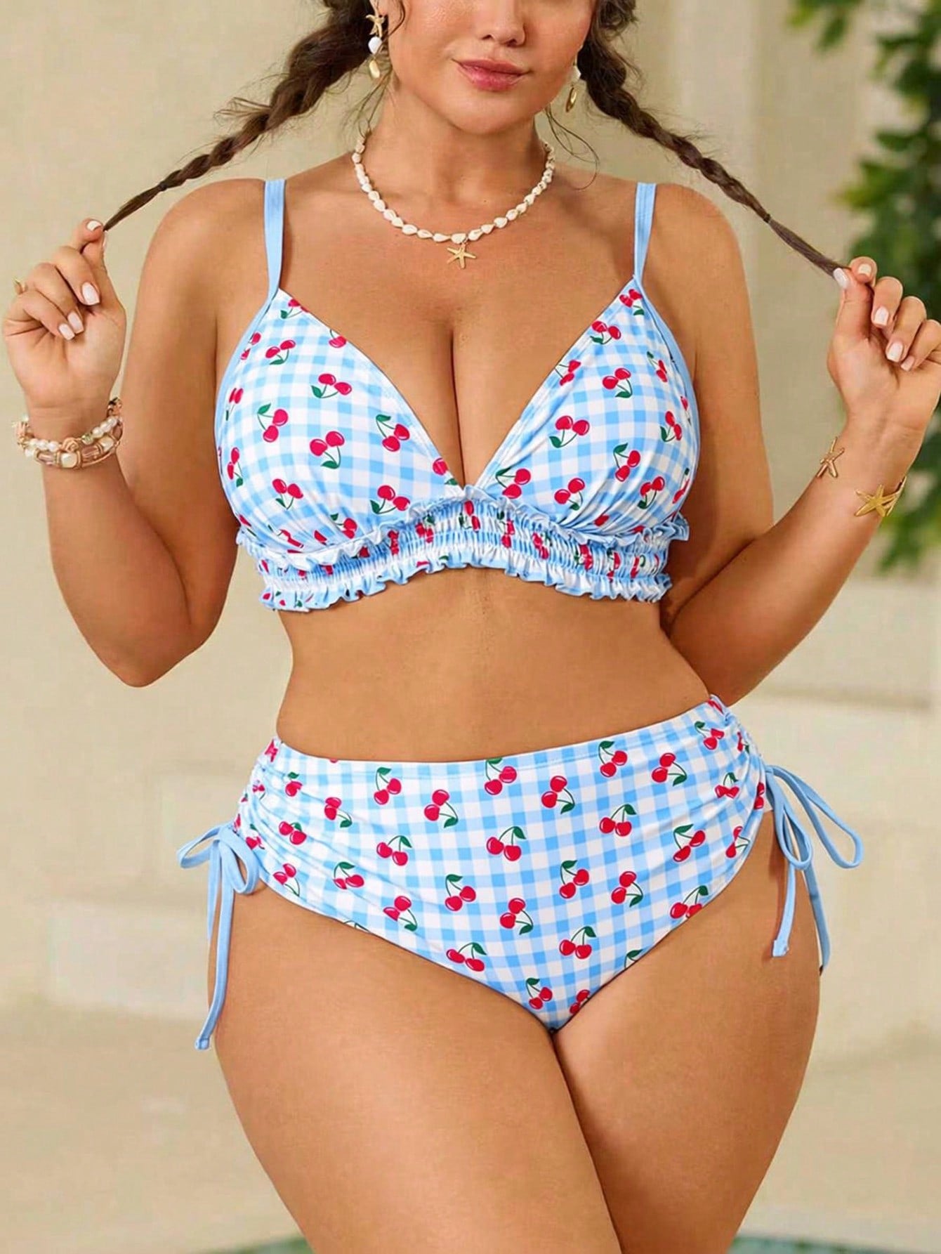 Swim Mod Plus Size Women Swimwear, Sweet & Cute Beach Holiday Random Cherry Print Tie-Front Ruffle 2 Pieces Set