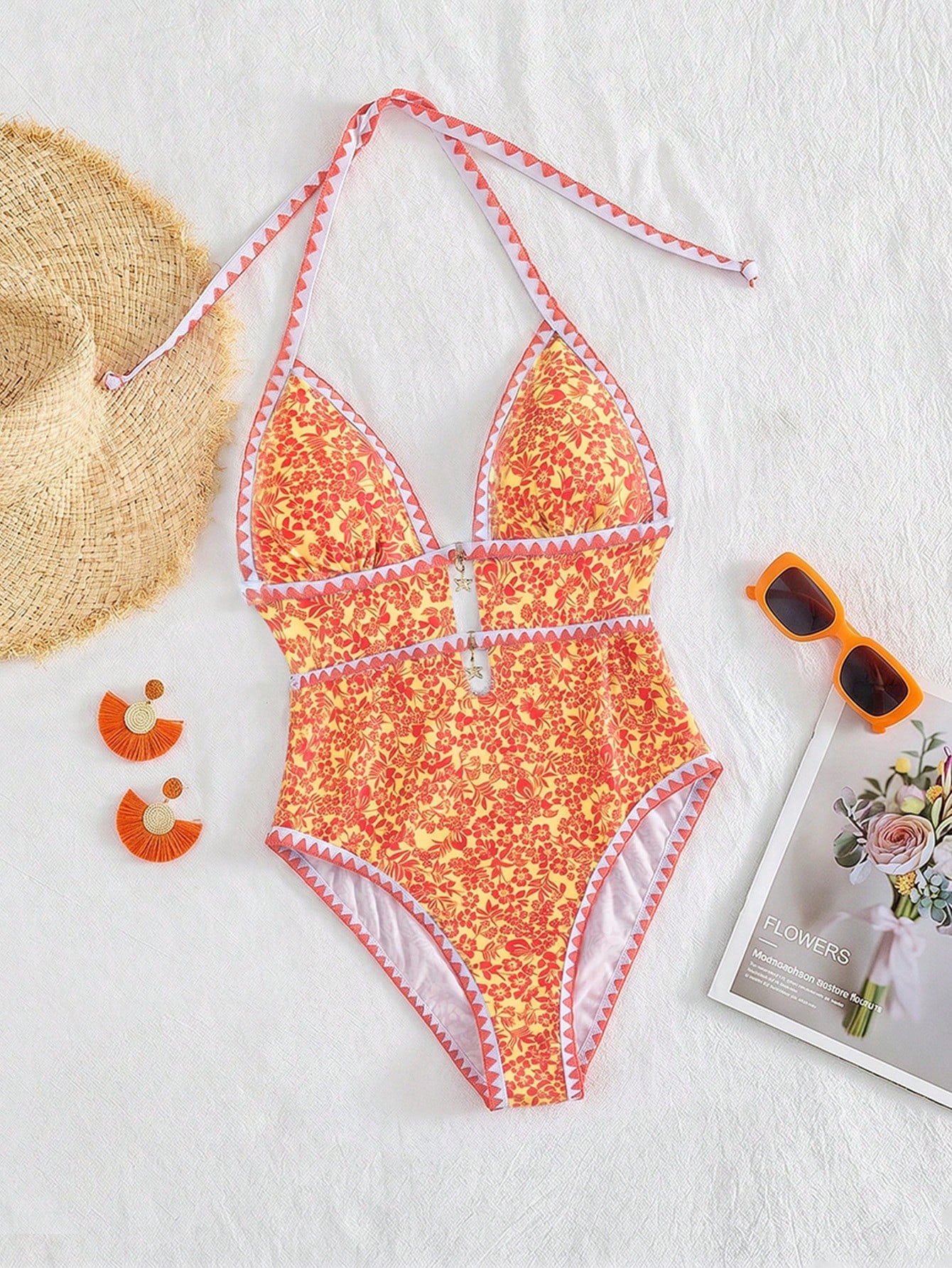 Swim Mod Women Elegant Sexy Orange And White Boho Beach Vacation Holiday One Piece Swimsuit,Summer Floral Print Halter Monokini With Starfish Charm Zigzag Trim