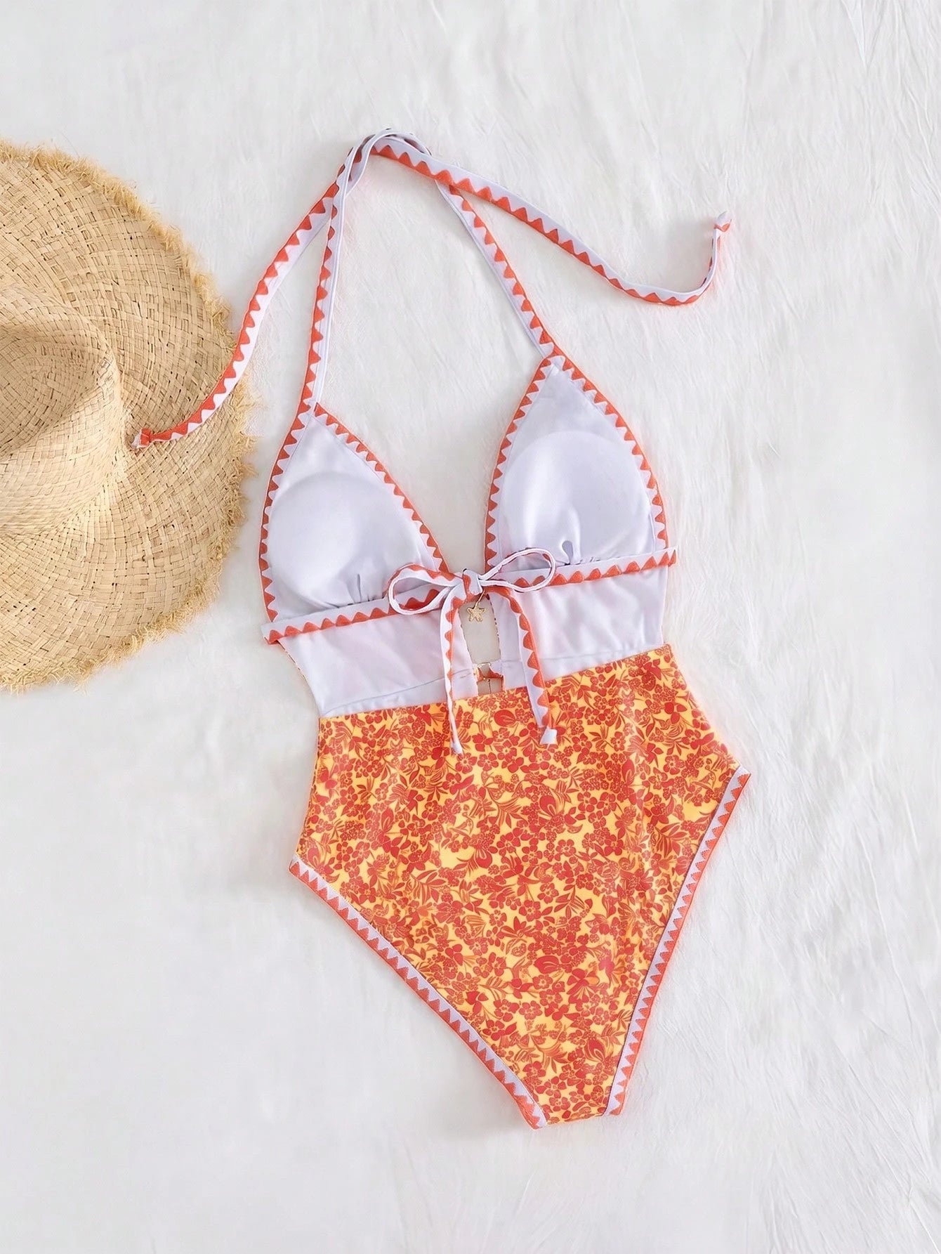 Swim Mod Women Elegant Sexy Orange And White Boho Beach Vacation Holiday One Piece Swimsuit,Summer Floral Print Halter Monokini With Starfish Charm Zigzag Trim