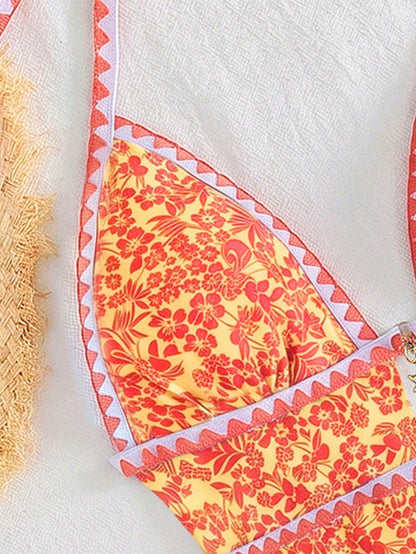 Swim Mod Women Elegant Sexy Orange And White Boho Beach Vacation Holiday One Piece Swimsuit,Summer Floral Print Halter Monokini With Starfish Charm Zigzag Trim