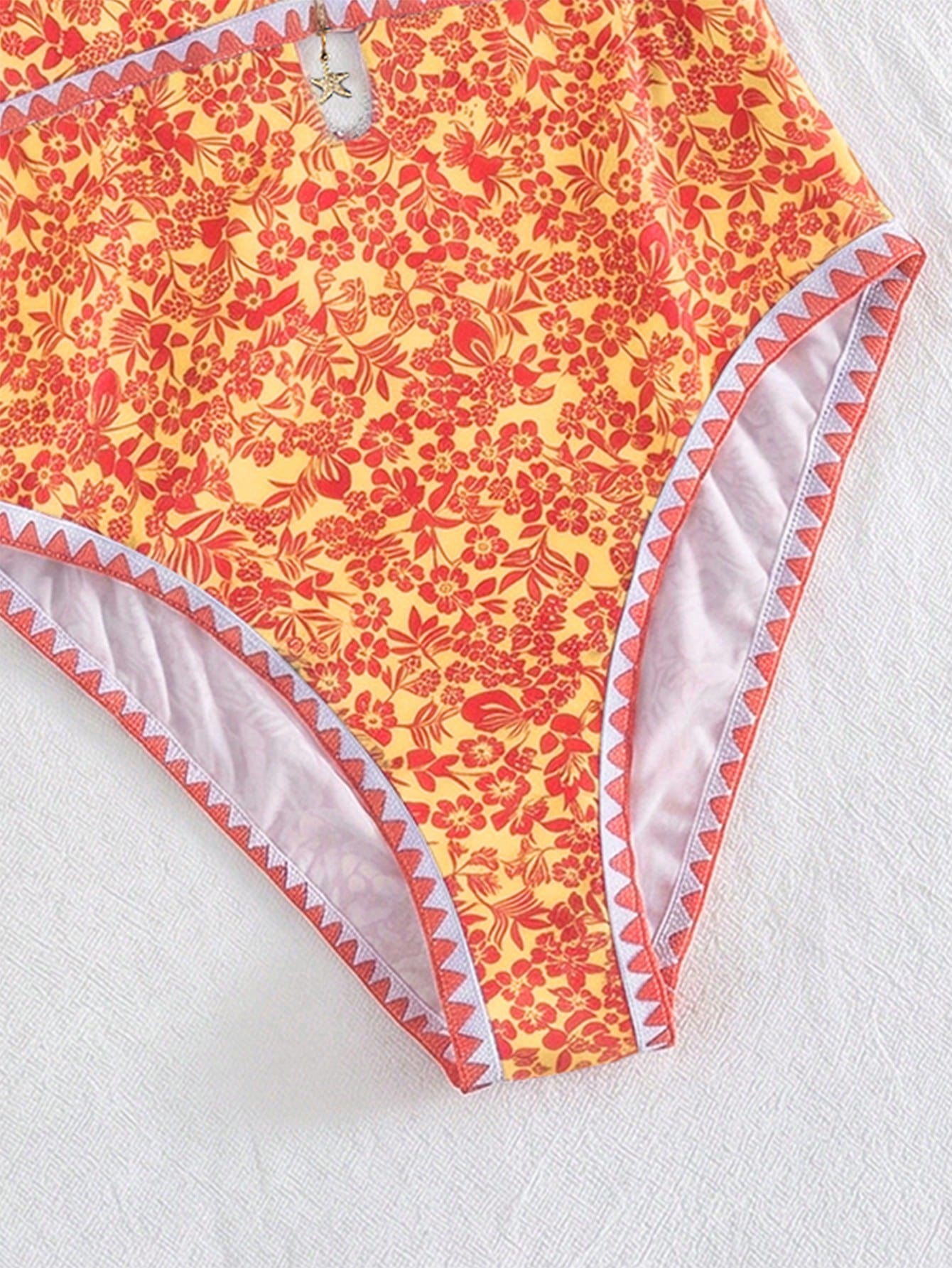 Swim Mod Women Elegant Sexy Orange And White Boho Beach Vacation Holiday One Piece Swimsuit,Summer Floral Print Halter Monokini With Starfish Charm Zigzag Trim