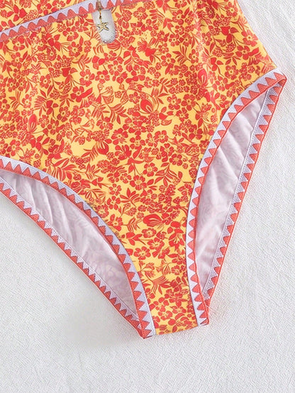 Swim Mod Women Elegant Sexy Orange And White Boho Beach Vacation Holiday One Piece Swimsuit,Summer Floral Print Halter Monokini With Starfish Charm Zigzag Trim