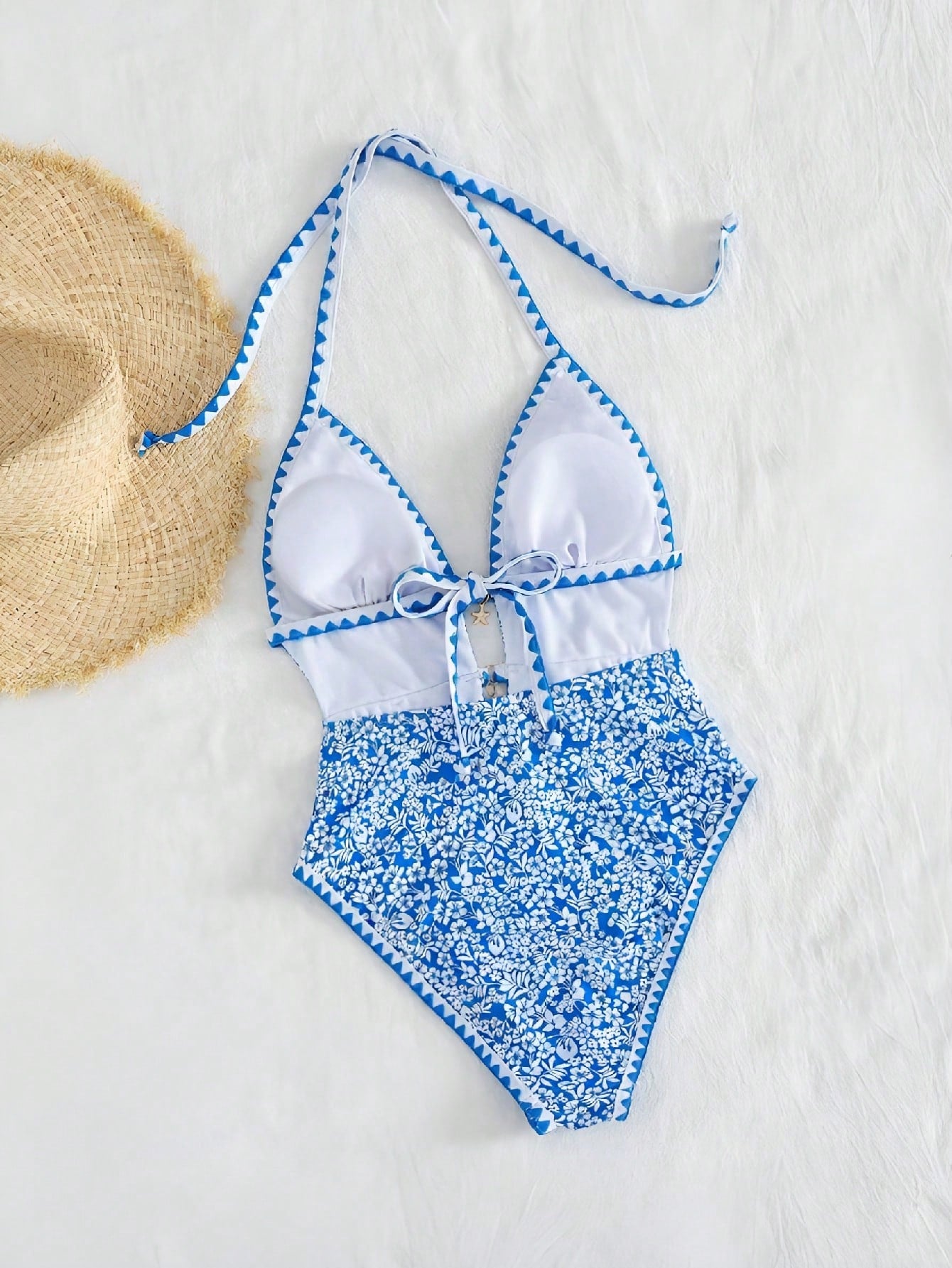 Swim Mod Women Elegant Sexy Orange And White Boho Beach Vacation Holiday One Piece Swimsuit,Summer Floral Print Halter Monokini With Starfish Charm Zigzag Trim
