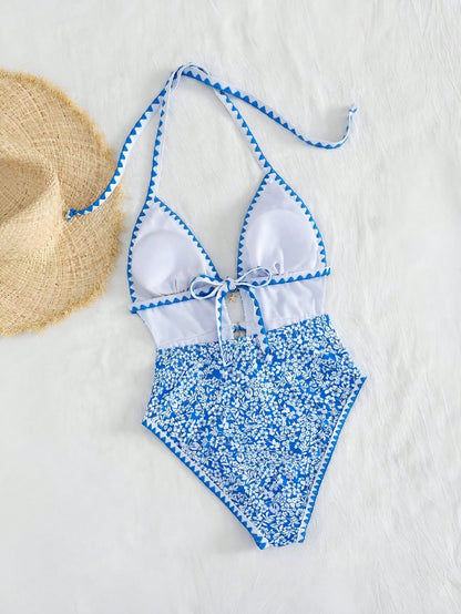 Swim Mod Women Elegant Sexy Orange And White Boho Beach Vacation Holiday One Piece Swimsuit,Summer Floral Print Halter Monokini With Starfish Charm Zigzag Trim