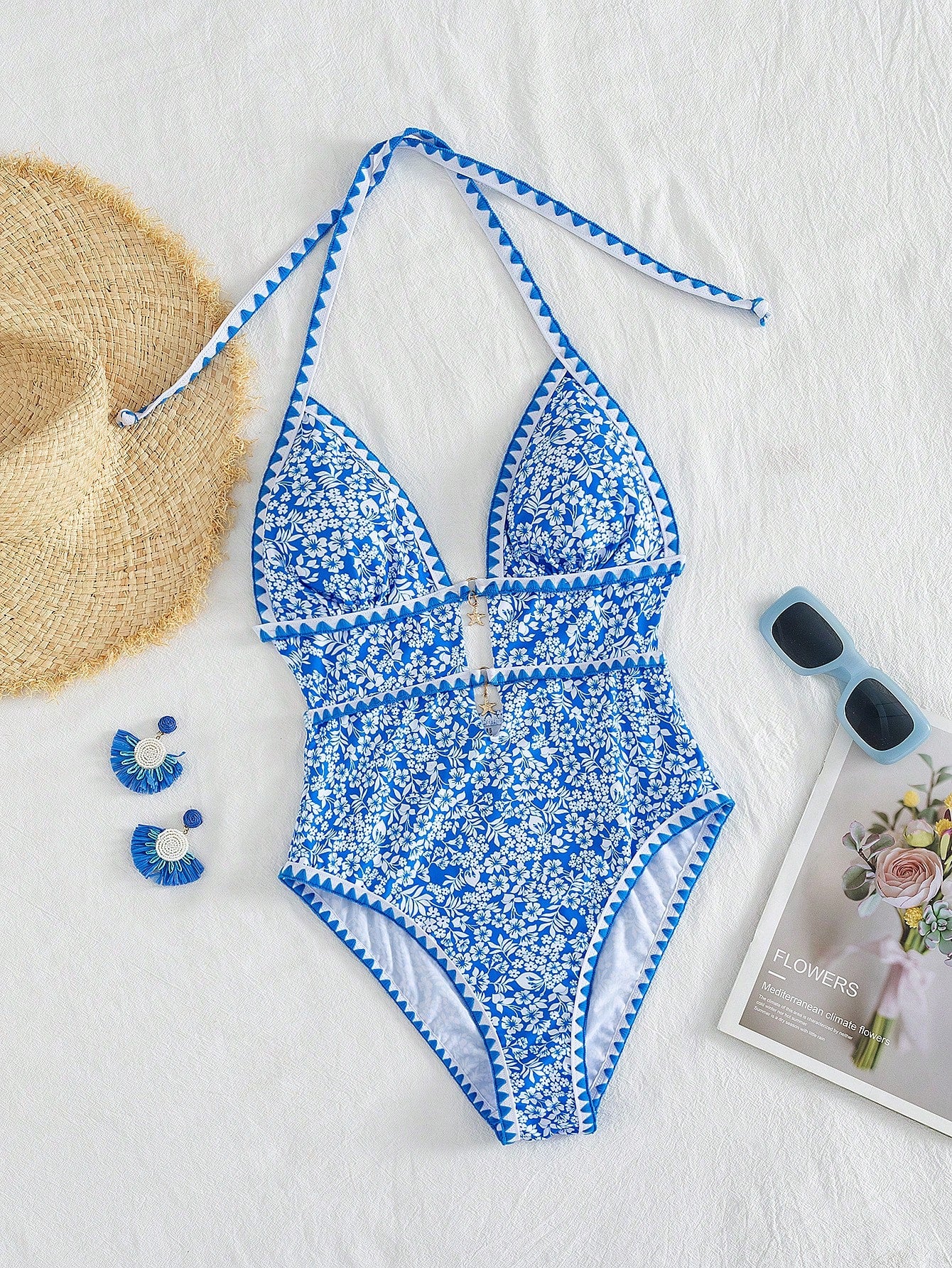 Swim Mod Women Elegant Sexy Orange And White Boho Beach Vacation Holiday One Piece Swimsuit,Summer Floral Print Halter Monokini With Starfish Charm Zigzag Trim
