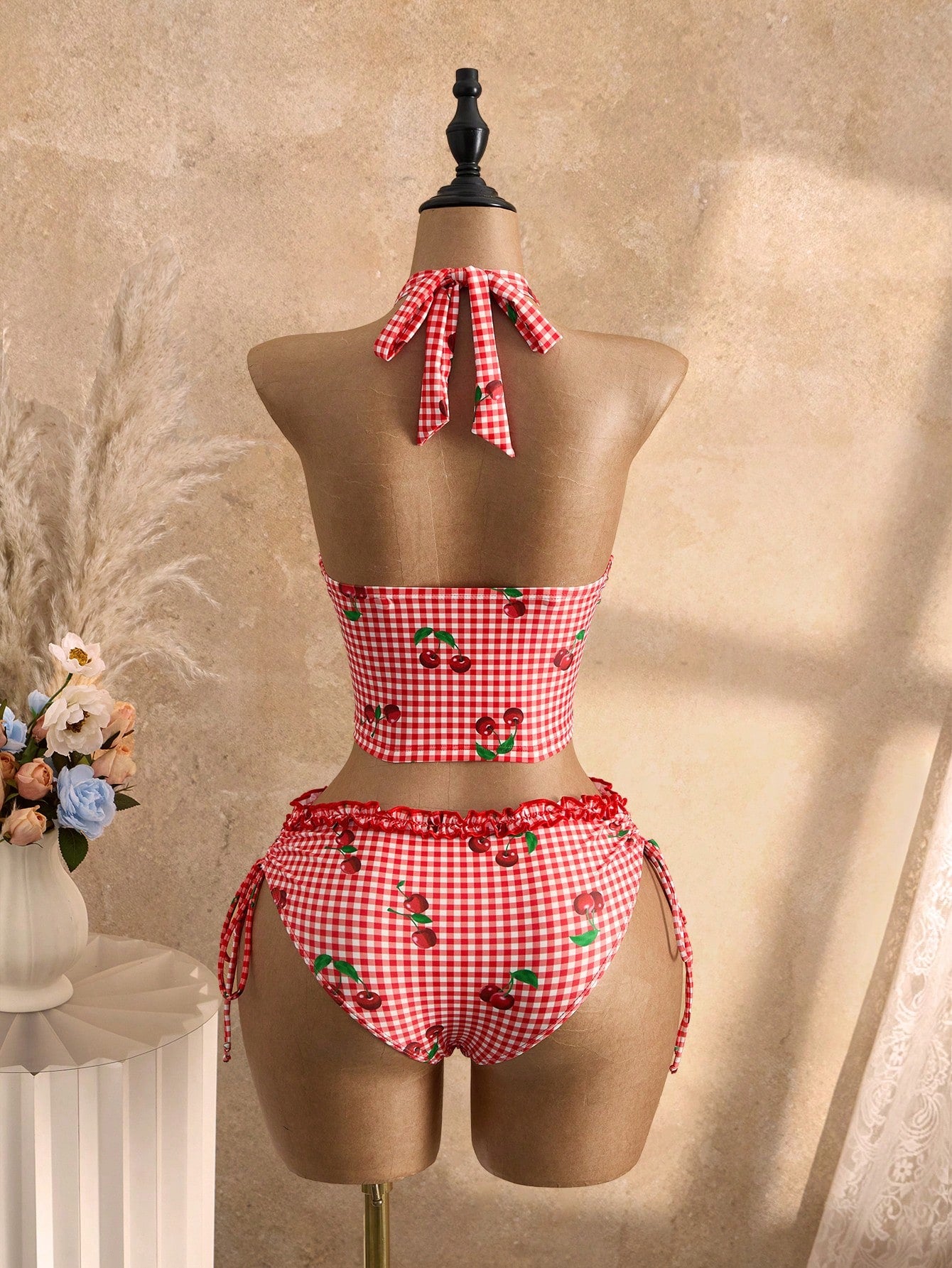 Swim Mod Women's 2-Piece Polka Dot Ruffle Trim Cropped Top And Tie-Waist Bikini Bottom Swimwear Set, Summer