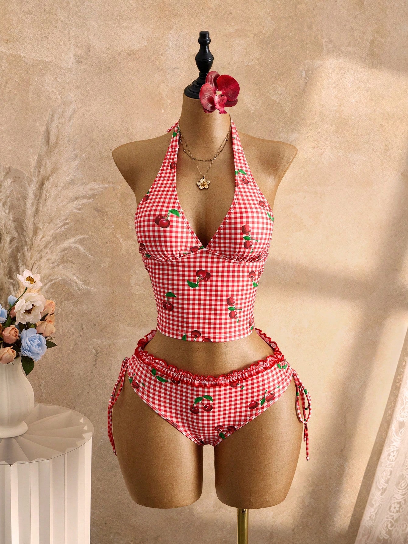 Swim Mod Women's 2-Piece Polka Dot Ruffle Trim Cropped Top And Tie-Waist Bikini Bottom Swimwear Set, Summer