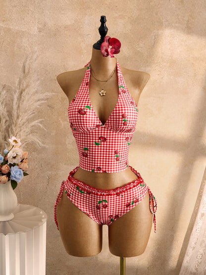 Swim Mod Women's 2-Piece Polka Dot Ruffle Trim Cropped Top And Tie-Waist Bikini Bottom Swimwear Set, Summer
