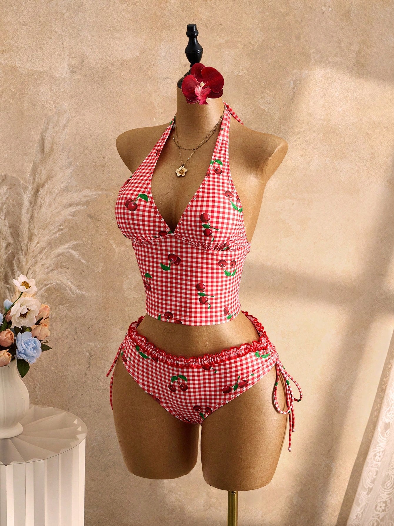 Swim Mod Women's 2-Piece Polka Dot Ruffle Trim Cropped Top And Tie-Waist Bikini Bottom Swimwear Set, Summer