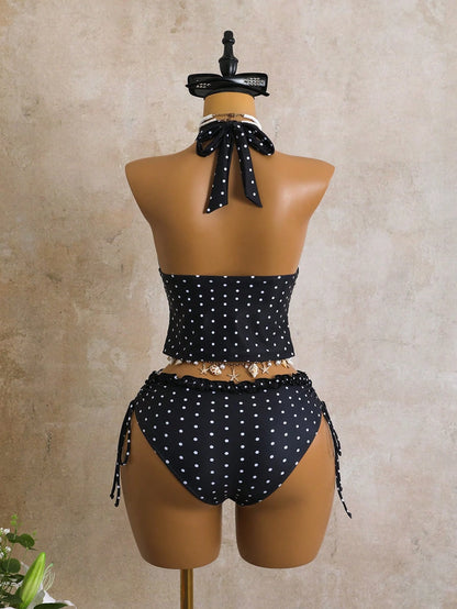 Swim Mod Women's 2-Piece Swimwear Set For Summer, Black & White Polka Dot Print With Ruffle Trim, Cropped Top And Tie-Waist Bottoms