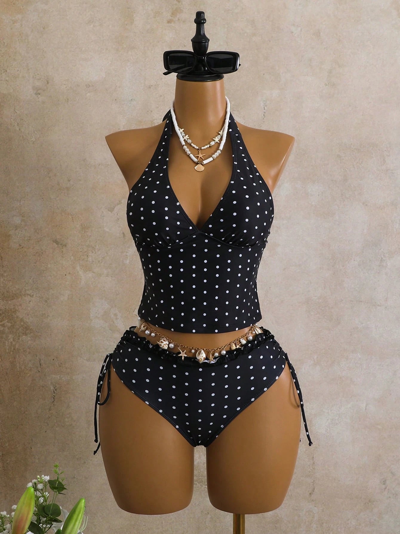 Swim Mod Women's 2-Piece Swimwear Set For Summer, Black & White Polka Dot Print With Ruffle Trim, Cropped Top And Tie-Waist Bottoms