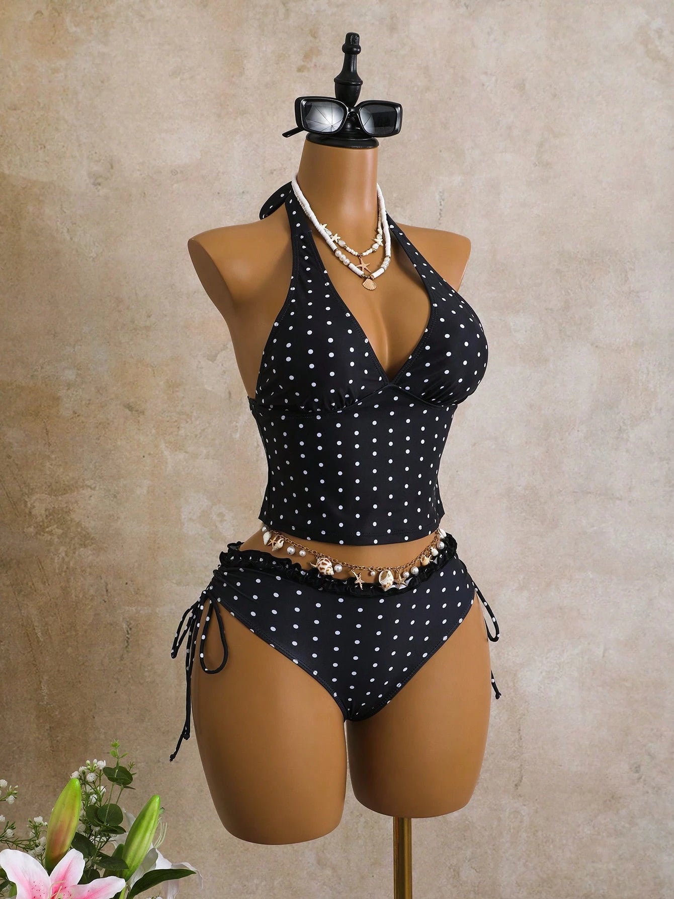 Swim Mod Women's 2-Piece Swimwear Set For Summer, Black & White Polka Dot Print With Ruffle Trim, Cropped Top And Tie-Waist Bottoms