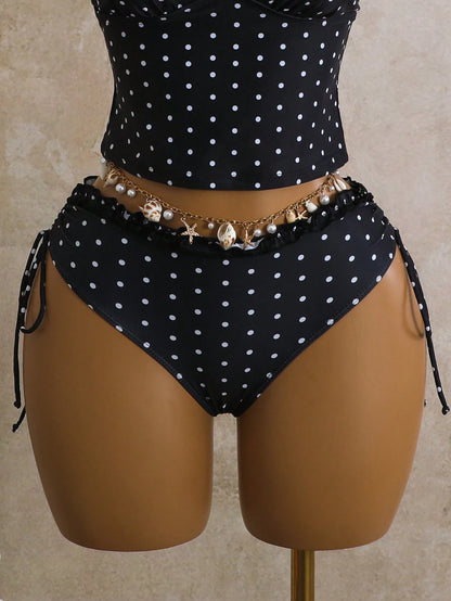 Swim Mod Women's 2-Piece Swimwear Set For Summer, Black & White Polka Dot Print With Ruffle Trim, Cropped Top And Tie-Waist Bottoms