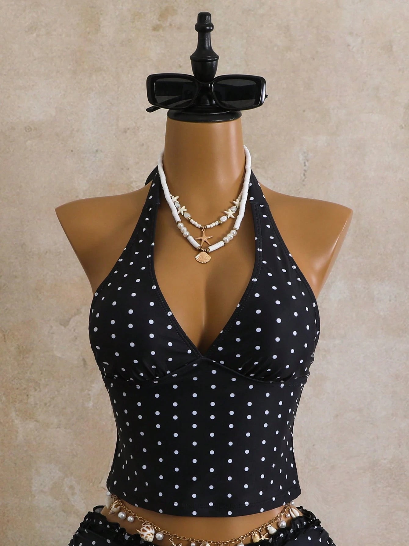 Swim Mod Women's 2-Piece Swimwear Set For Summer, Black & White Polka Dot Print With Ruffle Trim, Cropped Top And Tie-Waist Bottoms