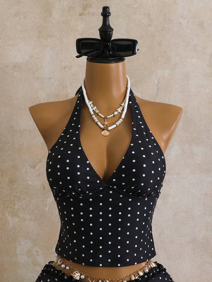 Swim Mod Women's 2-Piece Swimwear Set For Summer, Black & White Polka Dot Print With Ruffle Trim, Cropped Top And Tie-Waist Bottoms