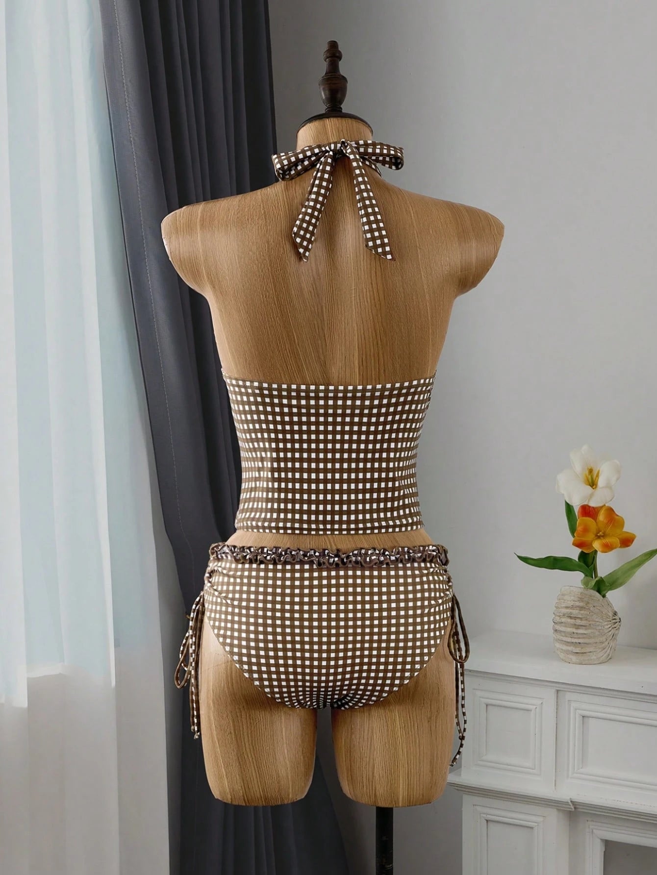 Swim Mod Women's 2-Piece Swimwear Set For Summer, Black & White Polka Dot Print With Ruffle Trim, Cropped Top And Tie-Waist Bottoms