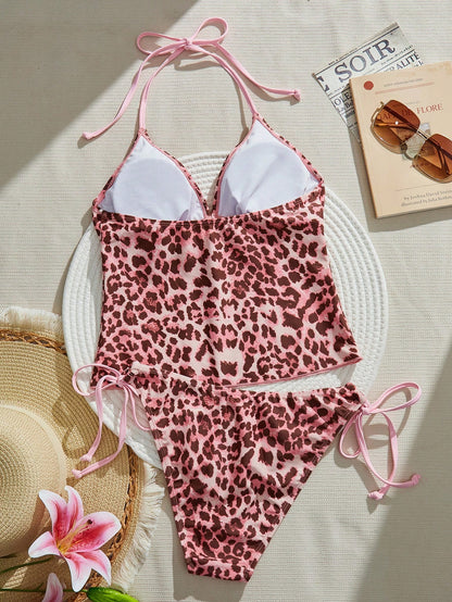 Swim Mod Women's 2pcs Leopard Print Bikini Set, Casual Camisole & Bikini Set For Summer Beach Holiday Party