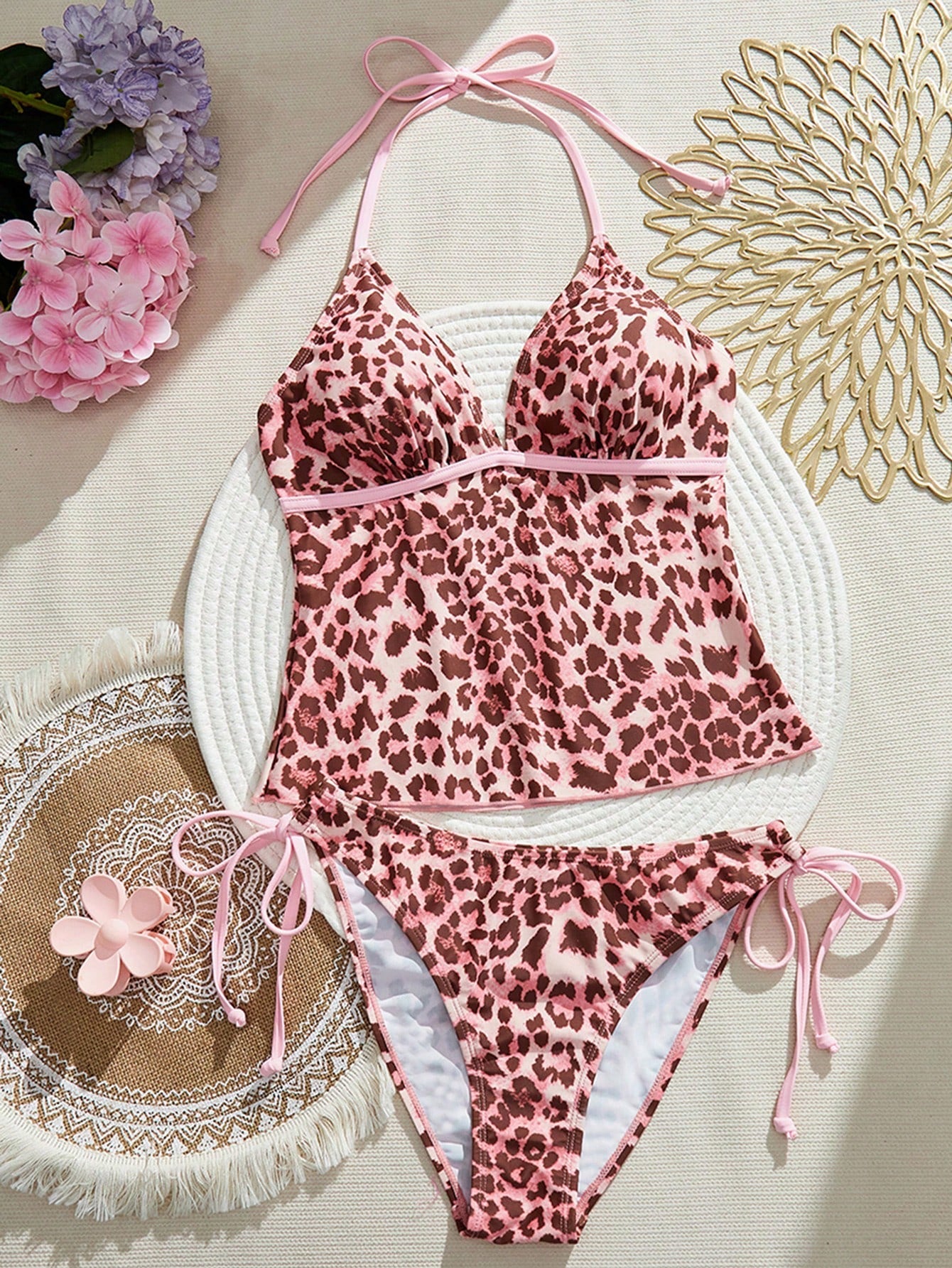 Swim Mod Women's 2pcs Leopard Print Bikini Set, Casual Camisole & Bikini Set For Summer Beach Holiday Party
