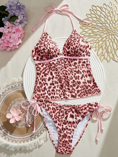 Swim Mod Women's 2pcs Leopard Print Bikini Set, Casual Camisole & Bikini Set For Summer Beach Holiday Party