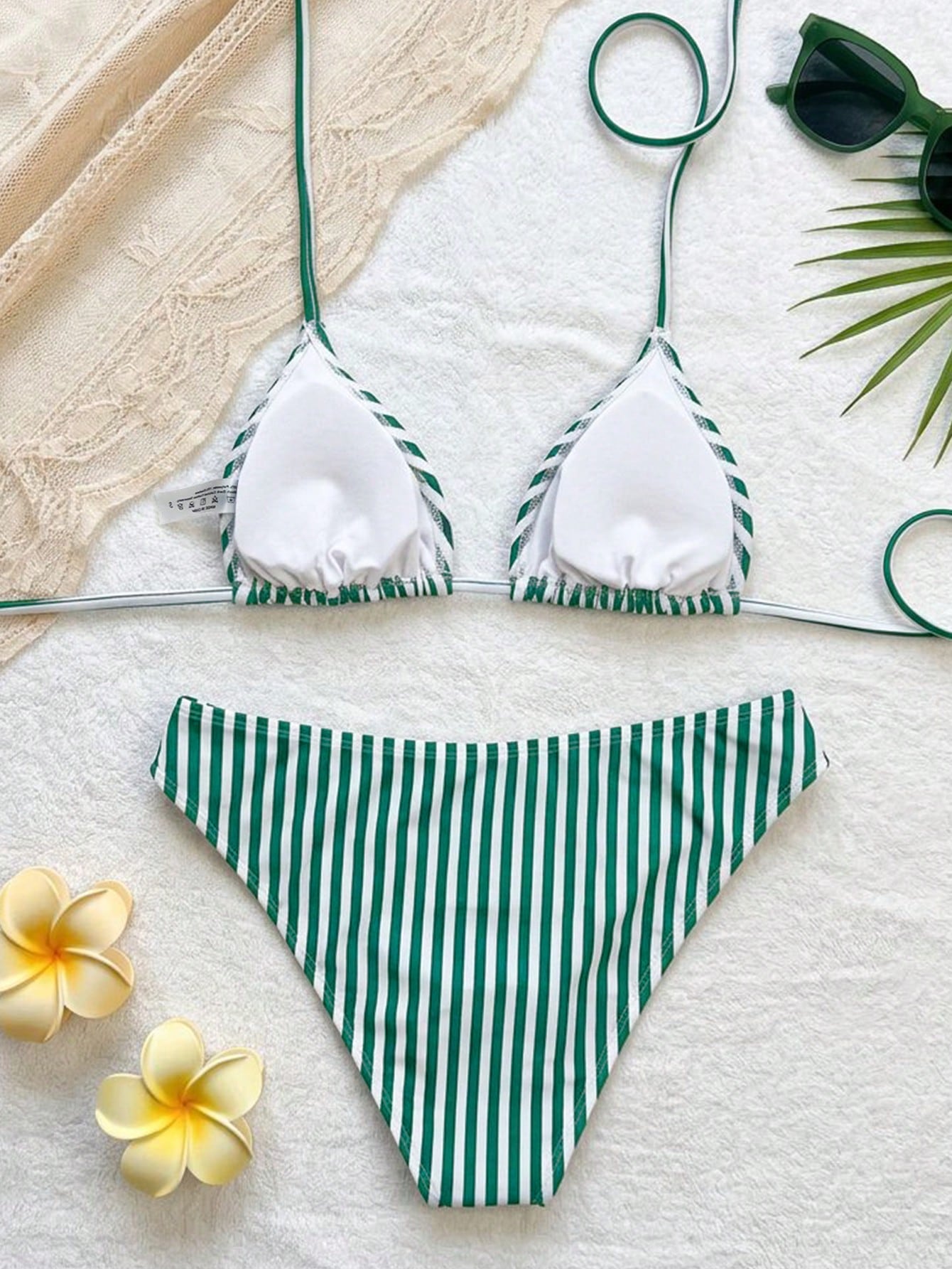 Swim Mod Women's Fresh Green Striped Print Sexy Low-Waist Triangle Bikini Set, Summer