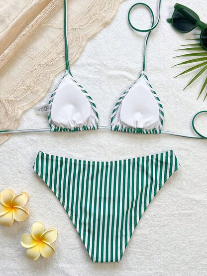 Swim Mod Women's Fresh Green Striped Print Sexy Low-Waist Triangle Bikini Set, Summer