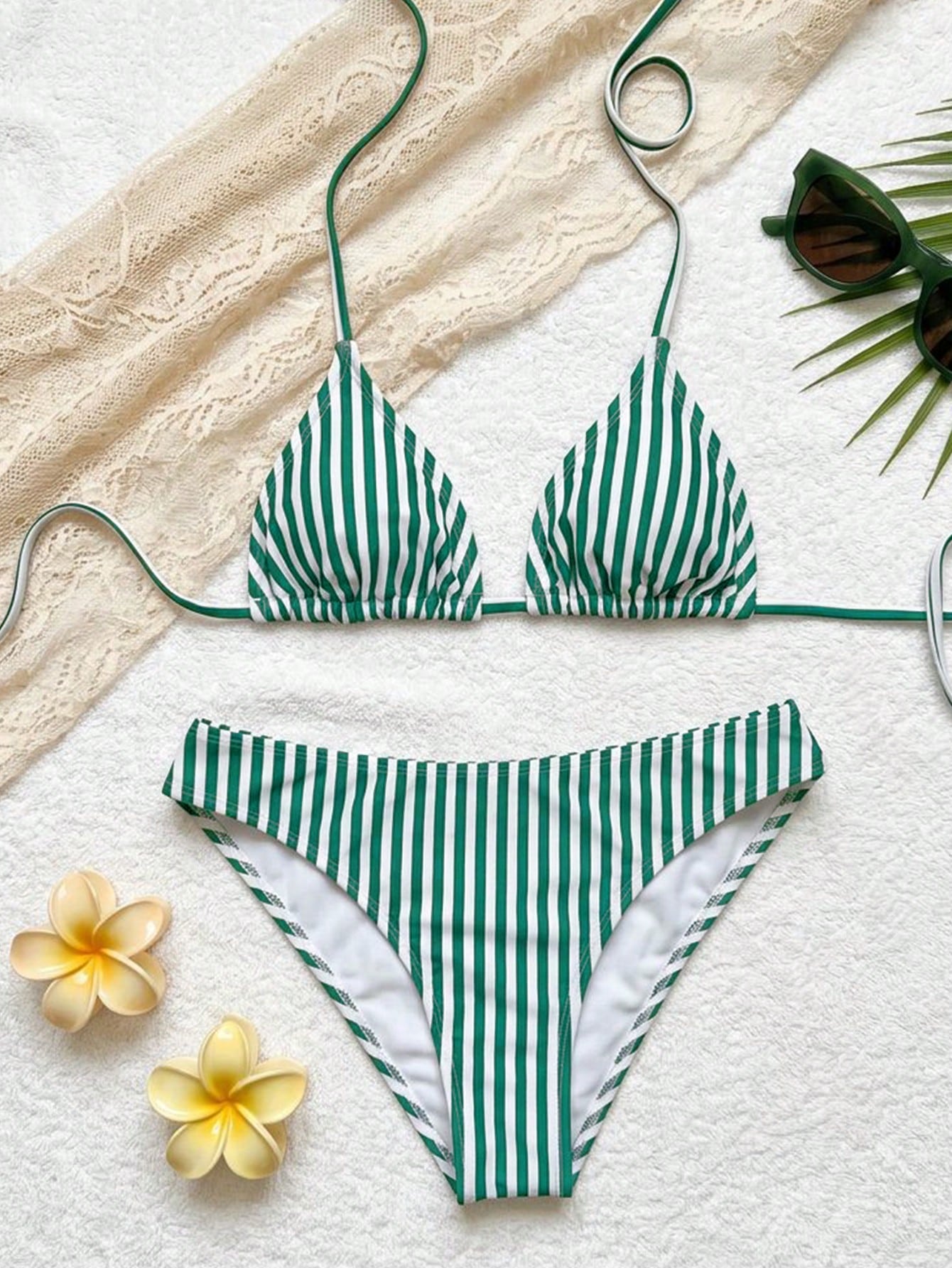 Swim Mod Women's Fresh Green Striped Print Sexy Low-Waist Triangle Bikini Set, Summer
