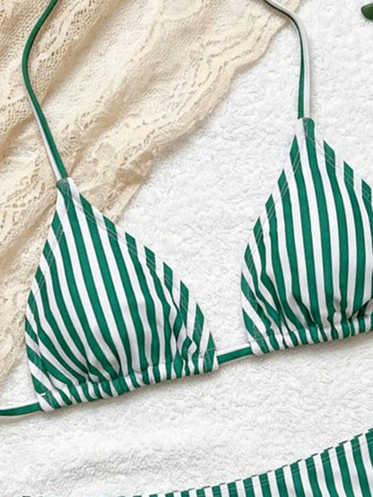 Swim Mod Women's Fresh Green Striped Print Sexy Low-Waist Triangle Bikini Set, Summer