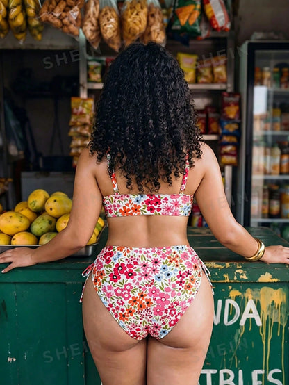 Swim Mod Women's Plus Size Floral Print 2-Piece Spaghetti Strap Tie Front Triangle Bikini Swimwear For Vacation Vacation Summer