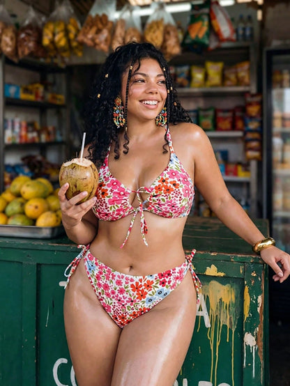Swim Mod Women's Plus Size Floral Print 2-Piece Spaghetti Strap Tie Front Triangle Bikini Swimwear For Vacation Vacation Summer